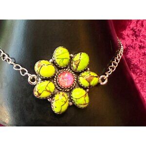 Lime Dahlia Bracelet With Sterling Silver Chain & Aurora Pink Opal Centerpiece